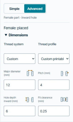 Advanced Dimensions controls in STL-Nudge with a 12 mm diameter, 4 mm pitch, 6 mm depth and 0.25 mm clearance