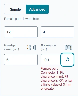 STL-Nudge Dimensions showing a negative Fit clearance value and its inline validation message
